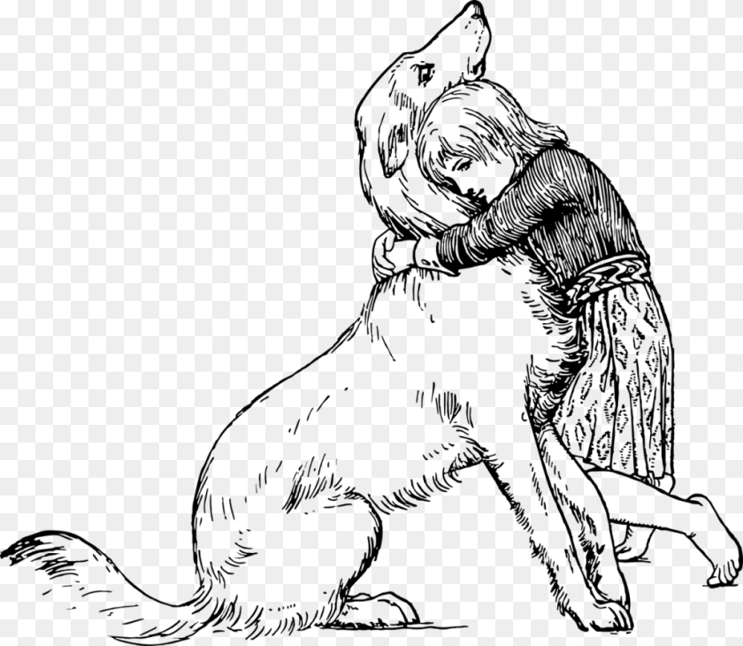 1024x890 Free Girl Hugging Puppy Dog And Human Sketch, Gray Sticker PNG