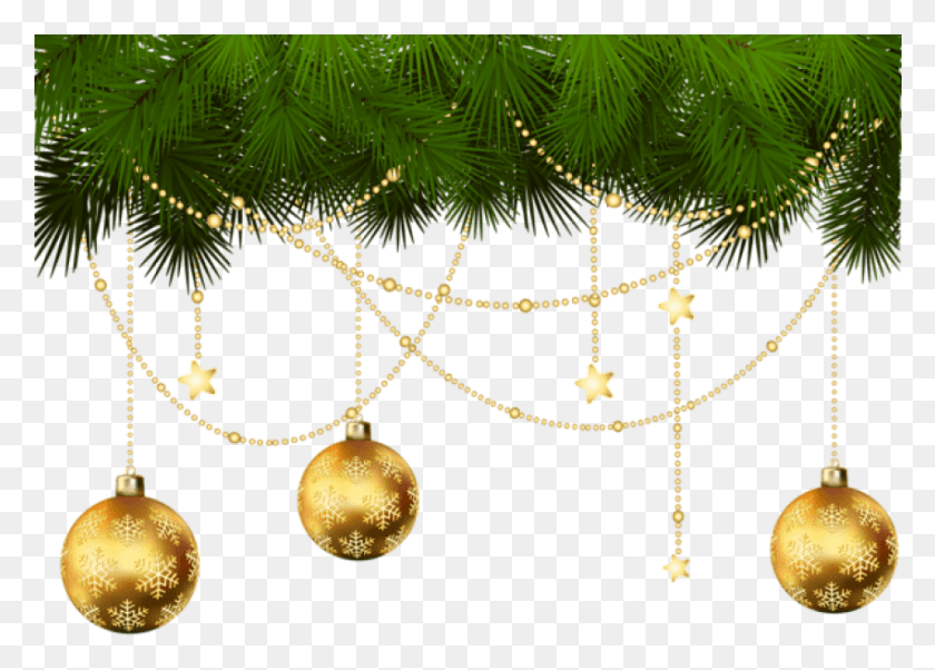851x592 Descargar Png Ramas De Pino Y Adornos De Navidad Adornos De Navidad De Oro Transparente, Collar, Joyería, Accesorios Hd Png