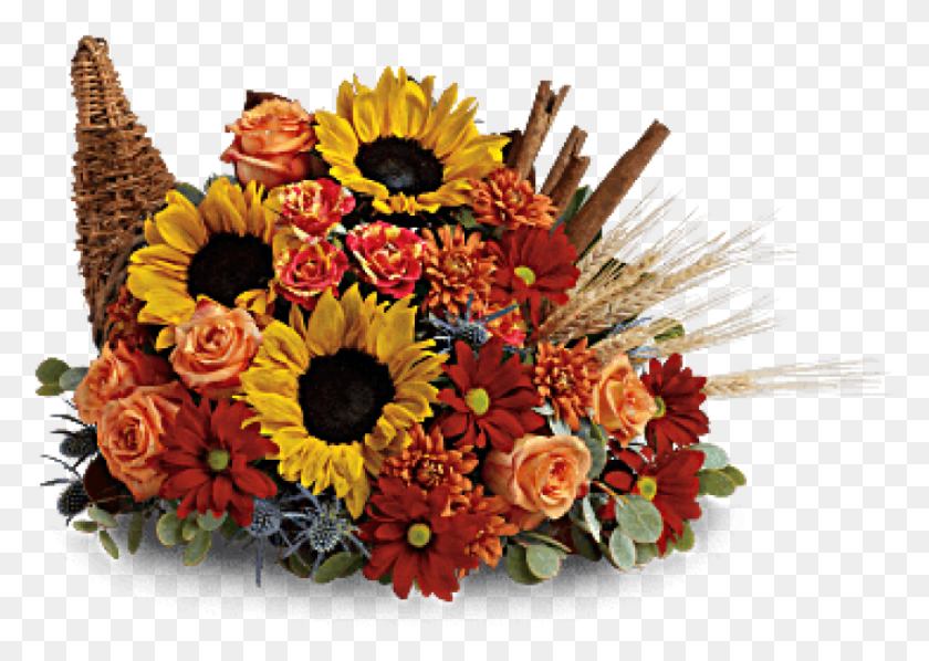 850x587 Free Sunflowers And Orange Roses Are Accented Cornucopia Flowers, Plant, Flower, Blossom HD PNG Download