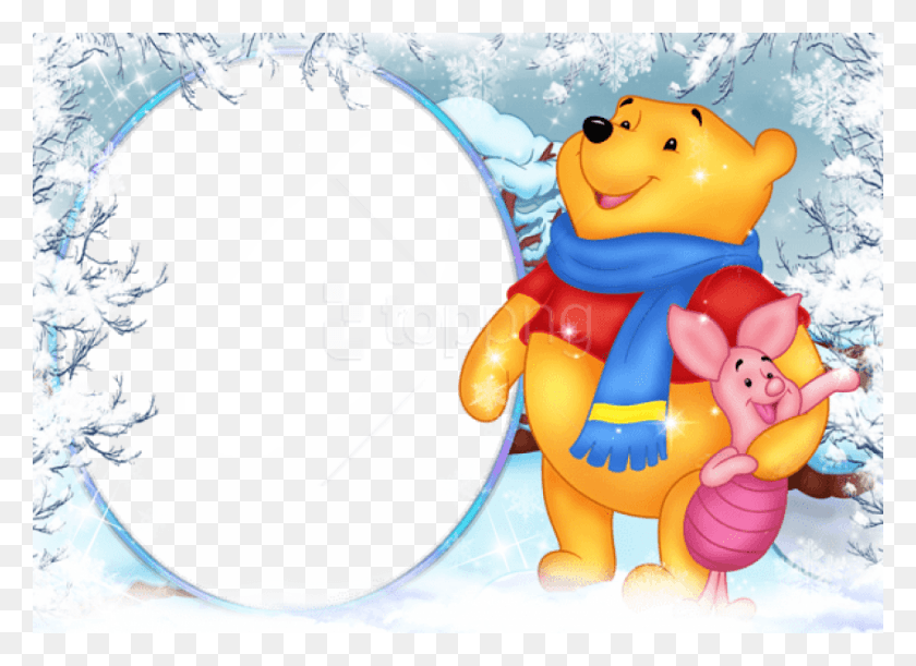 850x601 Free Winnie The Pooh Winter Holidayframe Background Frame Clipart Transparent Winter, Sphere, Toy, Bush HD PNG Download