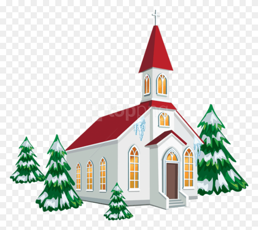 834x739 Free Winter Church With Snow Trees Church Clipart, Tree, Plant, Christmas Tree HD PNG Download