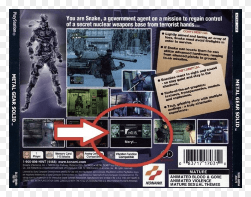 1240x955 Descargar Png Frecuencia En El Metal Gear Solid 1 Cd Back Meryl Codec, Cartel, Publicidad, Persona Hd Png