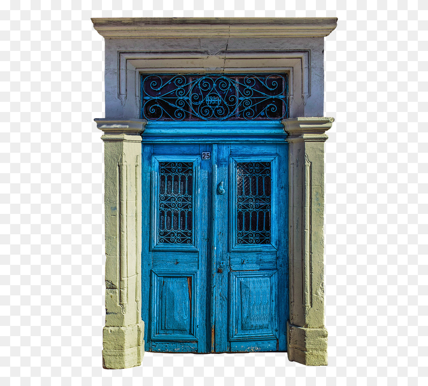 492x698 Front Door Door Decorated Blue Window Glass Home Door, Furniture, Pillar, Architecture HD PNG Download