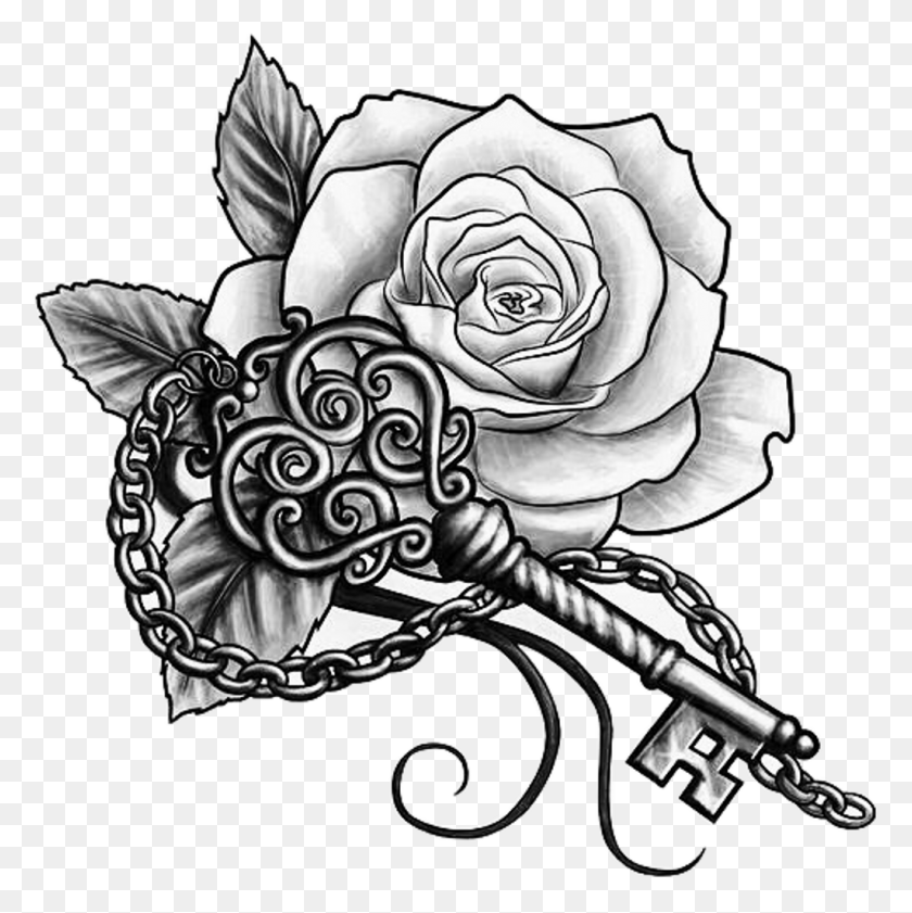 1024x1026 Ftestickers Rose Tattoo Rosetattoo Blackandwhite Key With Rose Tattoo, Person, Human Descargar Hd Png