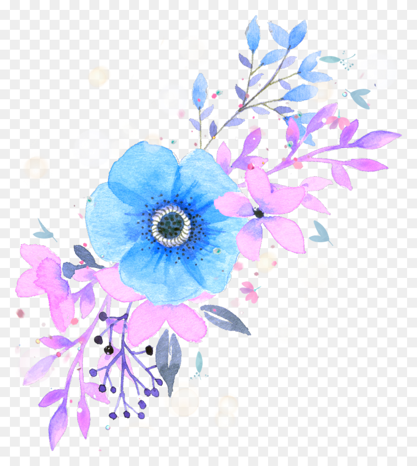 1024x1155 Descargar Pngftestickers Sticker Flores De Acuarela Azul Y Rosa Transparente, Gráficos, Diseño Floral Hd Png