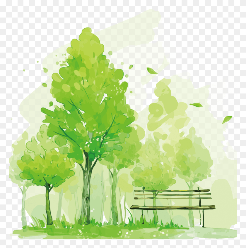 1025x1037 Ftestickers Акварельные Деревья Парк Скамейка, Растение, Графика Hd Png Скачать