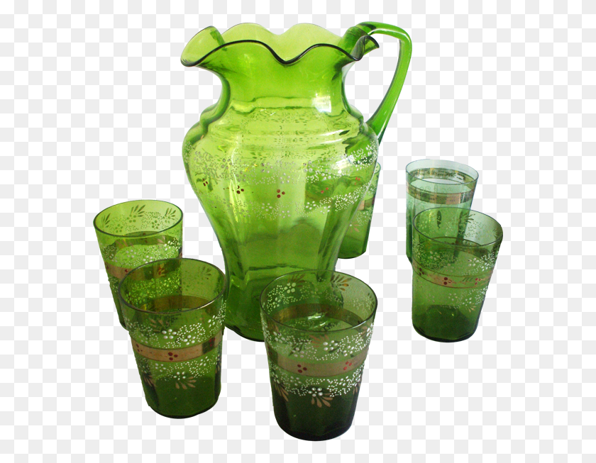 578x593 Genuine Antique Green Glass Water Jug Set With Six Glass Jug Set, Beverage, Drink, Alcohol HD PNG Download