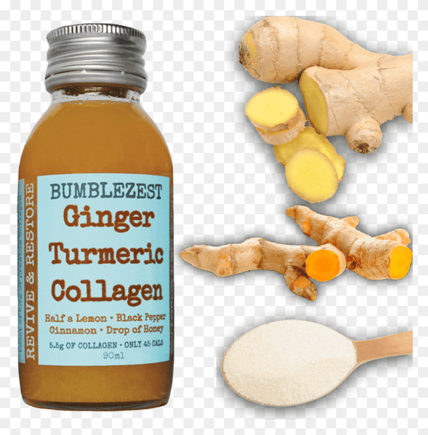 787x801 Ginger Turmeric Collagen Bottle With Ingredients Greater Galangal, Plant, Juice, Beverage HD PNG Download