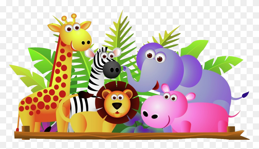 1020x554 Giraffe Lion Zebra And Elephant Jungle Cartoon Group Of Animals Cartoon, Tree, Plant, Graphics HD PNG Download
