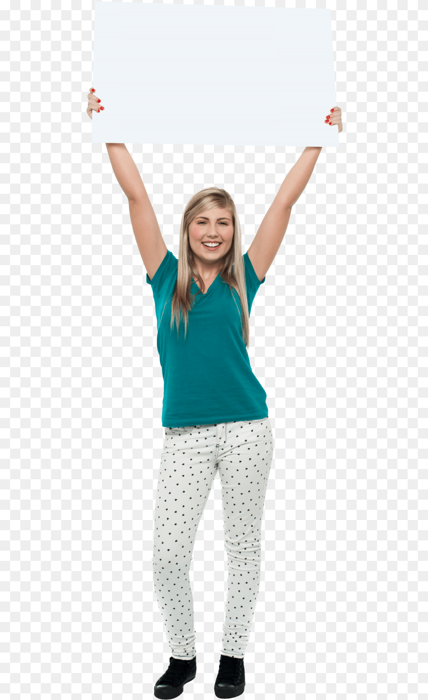 505x1373 Girl Holding Banner Image Woman Holding Sign Above Head, Teen, Female, Person, Sleeve Clipart PNG