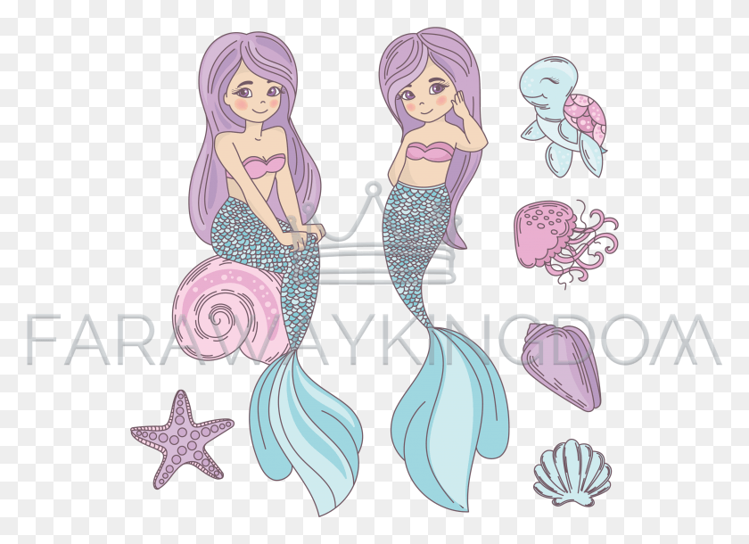 3506x2474 Girlfriends Mermaid Cartoon Tropical Vector Illustration Illustration, Clothing HD PNG Download