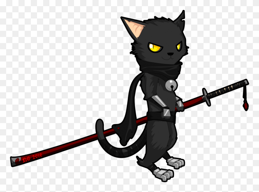 1142x827 Go Yoshihiro Cat Chibi Samurai Katana Sword Black Cat With Sword, Toy, Pet, Mammal HD PNG Download