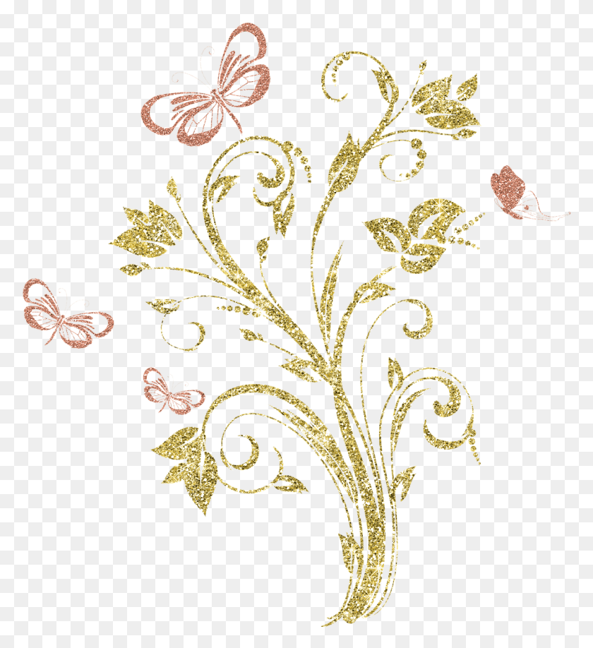 1117x1230 Gold Silvery Flower Butterfly Image Portable Network Graphics, Floral Design, Pattern Descargar Hd Png