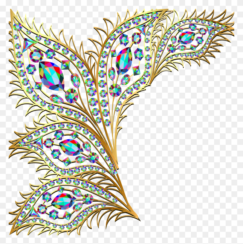 1500x1505 Golden Jewellery Gold Earring Feather Gemstone Jewelry Golden Peacock Feather, Pattern, Paisley, Embroidery HD PNG Download