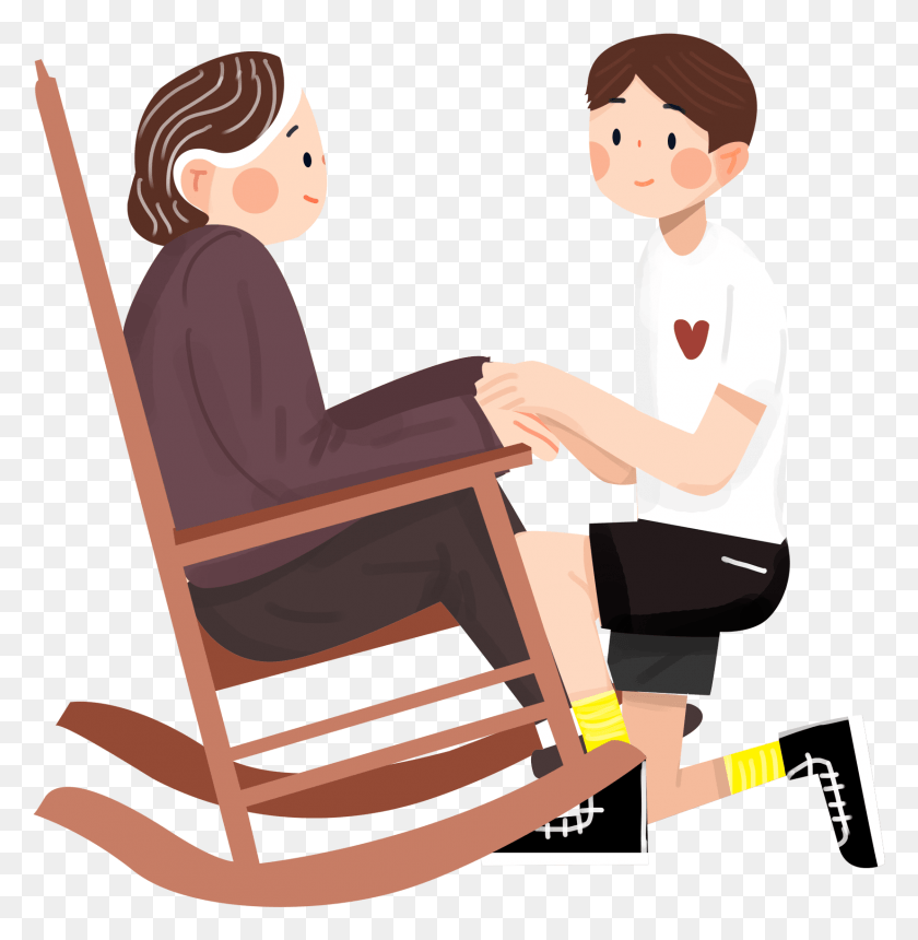 1654x1697 Grandma Filial Piety Cartoon Boy And Psd Sitting, Furniture, Rocking Chair, Person HD PNG Download