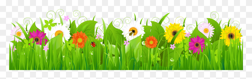 2373x624 Grass And Flowers Clipart Grass With Flower Border, Green, Plant, Spring HD PNG Download