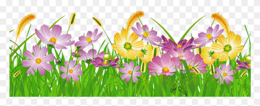 1369x500 Grass Ground With Pink Flowers Clipart Gallery Grass Flower Clipart, Spring, Plant, Graphics HD PNG Download