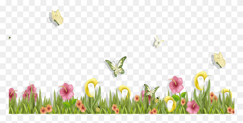 1369x645 Grass With Butterflies And Flowers Clipart Spring Flowers And Butterflies Clipart Transparent, Plant, Flower, Blossom HD PNG Download