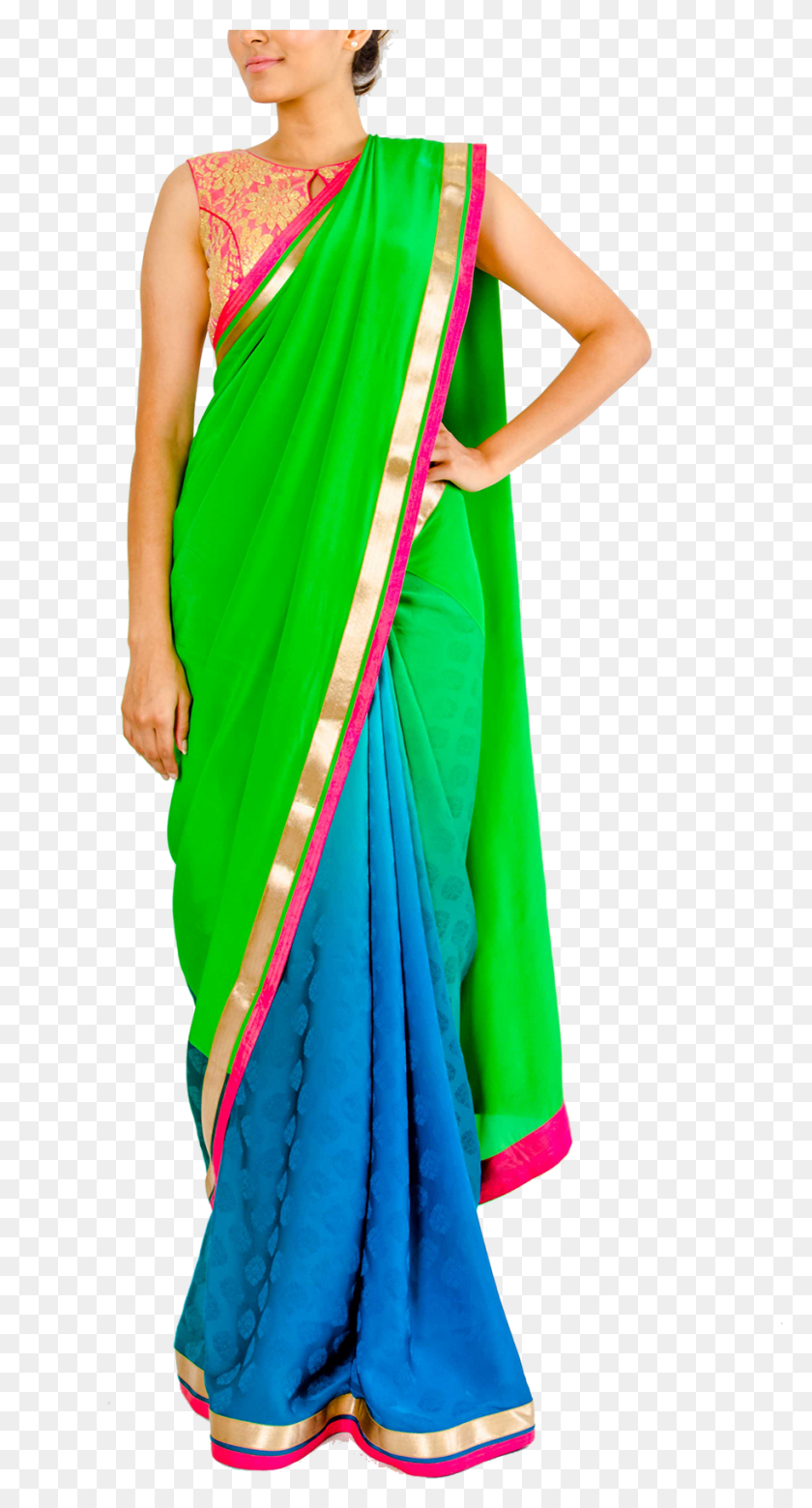 912x1755 Green And Blue Shaded Half And Half Saree By Stylease Sari, Clothing, Apparel, Silk HD PNG Download