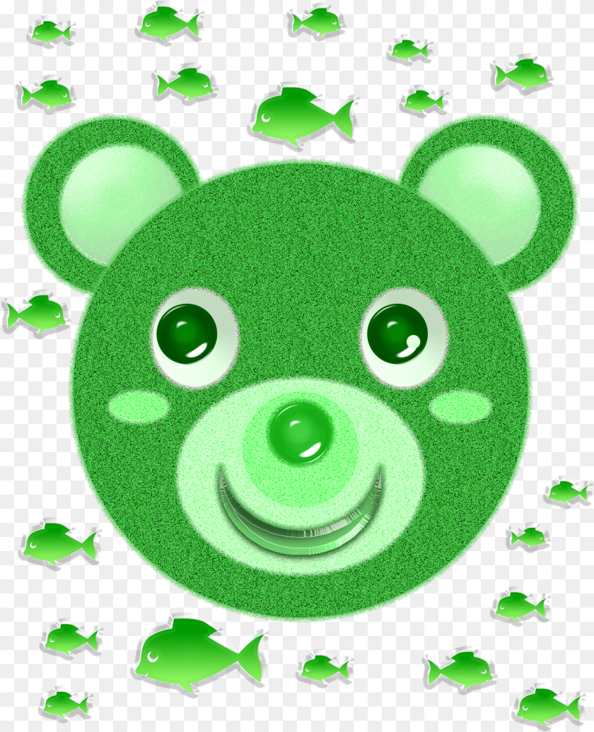 Green Bear Face And Fish Leaf, Animal, Sea Life Sticker PNG