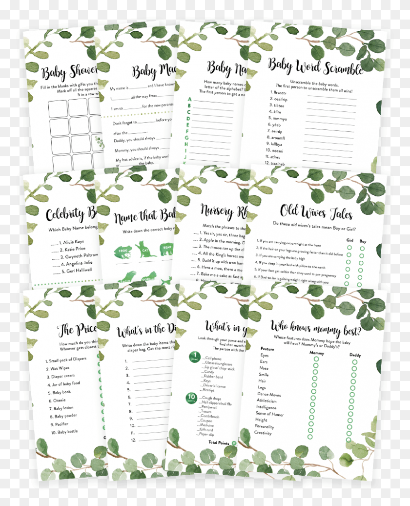 803x1005 Greenery Foliage Baby Shower Game Pack, Text, Menu, Advertisement HD PNG Download
