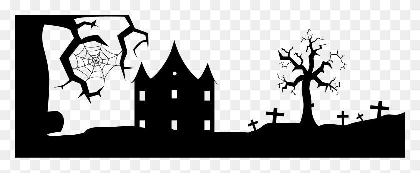 2400x882 Halloween Landscape Silhouette 2 Black And White Halloween Silhouette Clipart Black And White, Gray, World Of Warcraft HD PNG Download