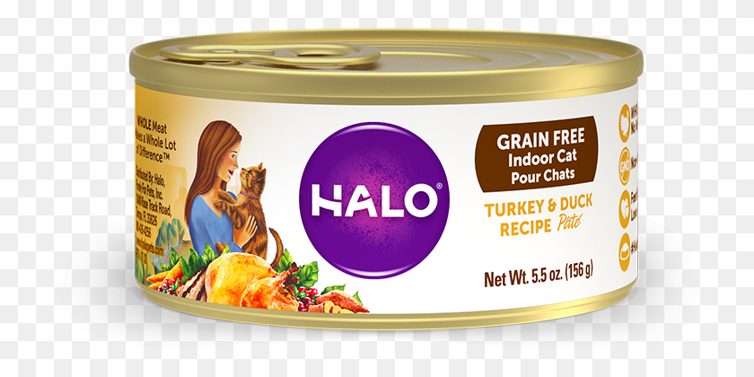 720x360 Descargar Png Halo Grain Free Indoor Cat Turkey Amp Paté De Pato Enlatado Halo Conservas De Alimentos Para Gatos, Productos Enlatados, Lata, Aluminio Hd Png