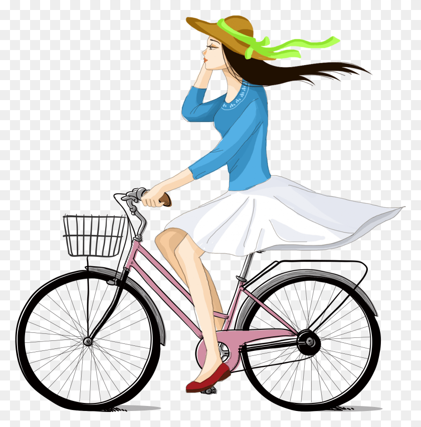 1558x1585 Descargar Png Dibujado A Mano Niña De Dibujos Animados Ciclismo Decoración Vector, Bicicleta, Vehículo, Transporte Hd Png