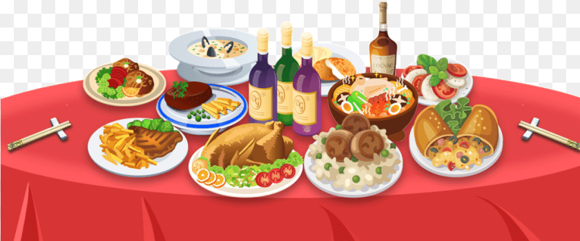 1025x427 Hand Drawn Cartoon New Year S Rice Food Reunion Dinner, Platter, Dish, Lunch, Meal Clipart PNG