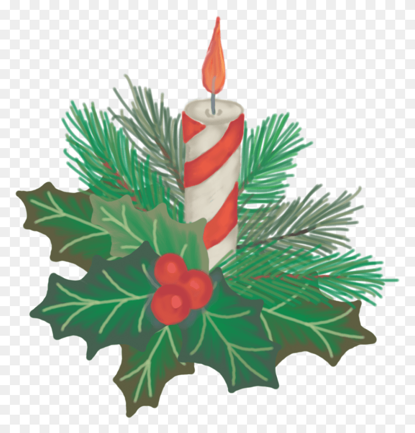 930x975 Hand Drawn Christmas Candle With Holly And Pine Drawing, Cake, Dessert, Food HD PNG Download