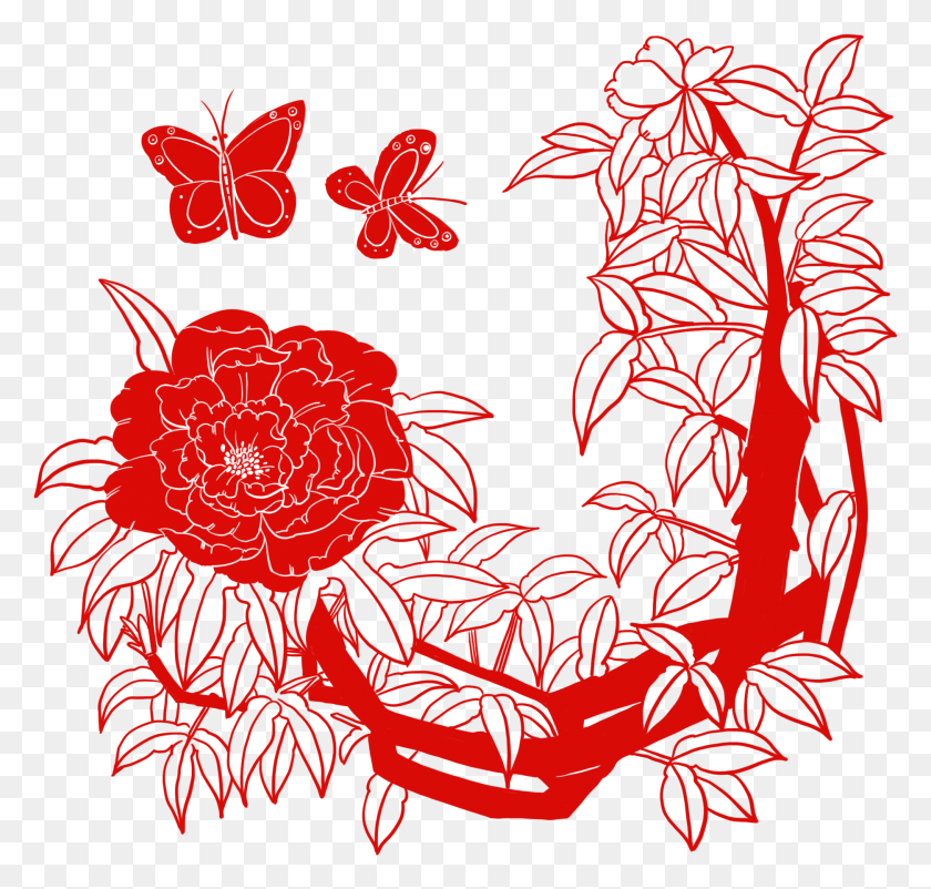 1871x1781 Hand Drawn Paper Cut Peony Butterfly And Psd Papercutting, Graphics, Plant HD PNG Download