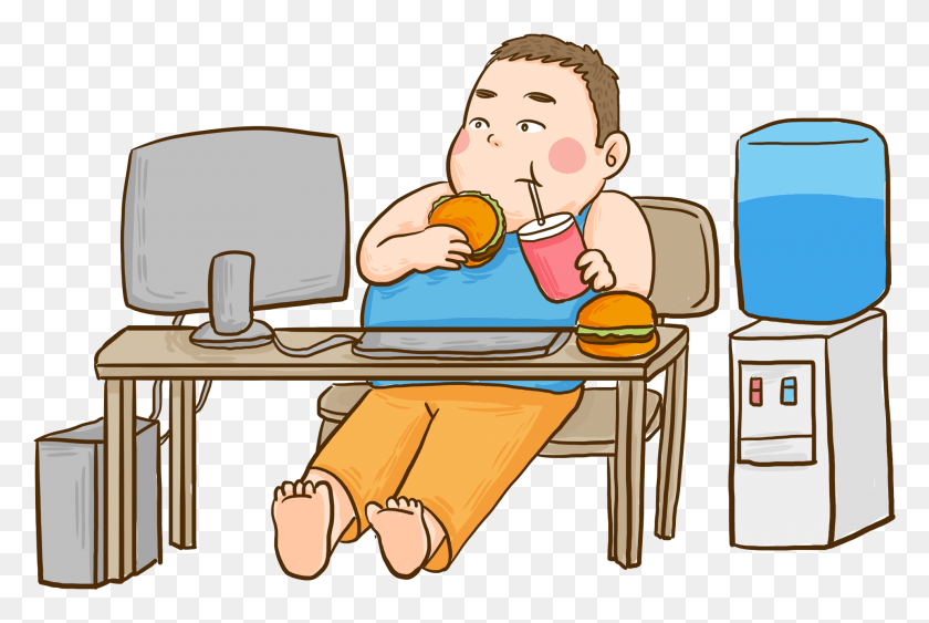 1924x1242 Descargar Png Personaje De Dibujos Animados Pintado A Mano Fat House And Psd Fat Man On Computer Clipart, Sentado, Comiendo, Comida Hd Png