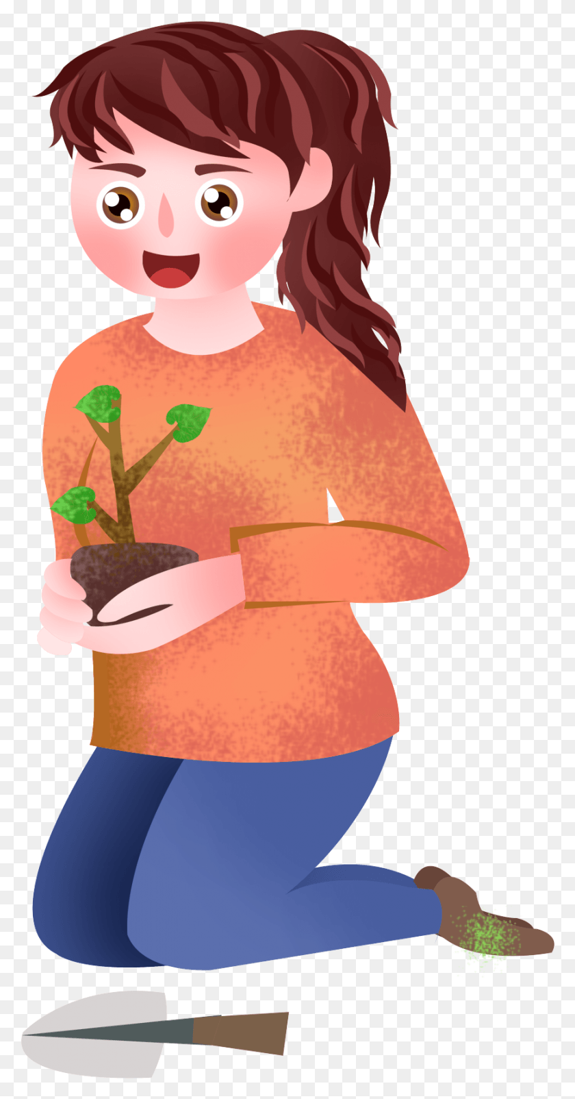866x1715 Hand Painted Illustration Character Girl And Psd Cartoon, Plant, Shoulder, Clothing HD PNG Download