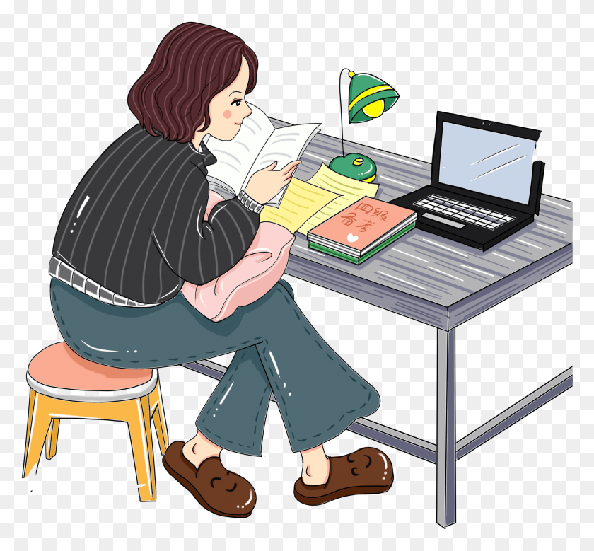 1786x1648 Hand Painted Illustration Comics Girl And Psd Table, Person, Human, Computer Keyboard HD PNG Download