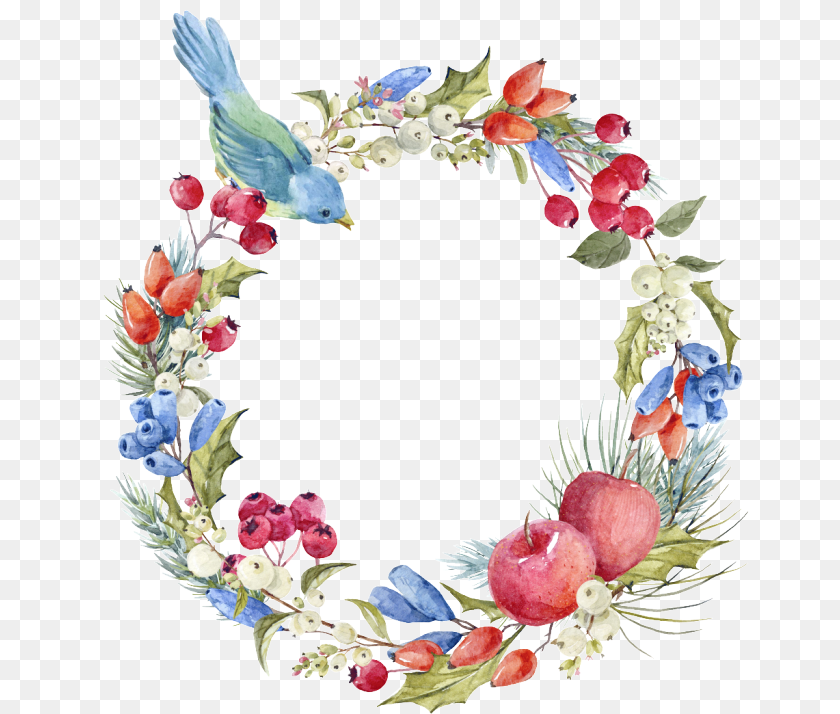 Hand Watercolor Berries Wreath, Animal, Bird Clipart PNG