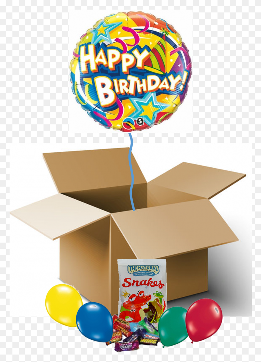 946x1339 Happy Birthday Balloon In A Box Happy Birthday, Cardboard, Carton, Package Delivery HD PNG Download