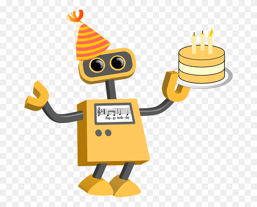 683x617 Happy Birthday Robot Wearing A Birthday Hat And Holding Transparent Background Pointer Clip Art, Text, Number, Symbol HD PNG Download