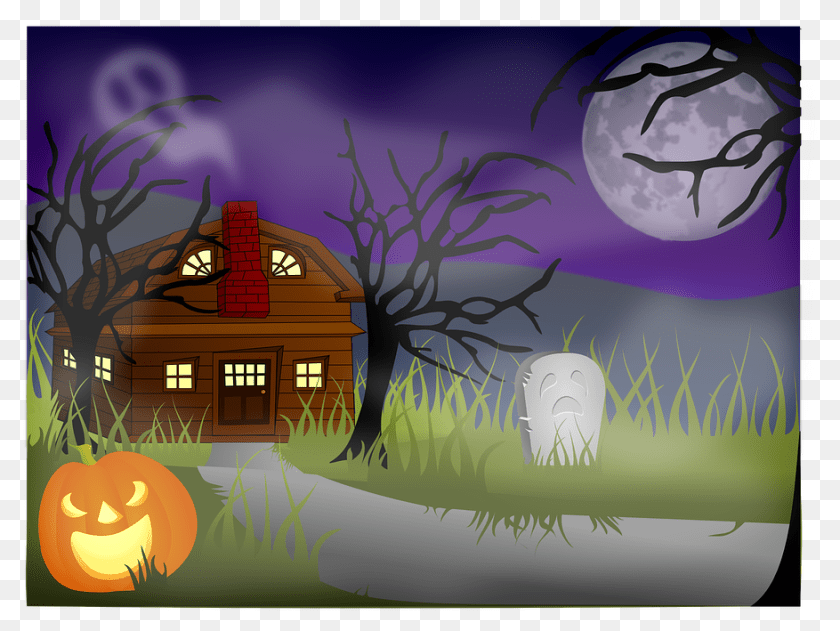 944x709 Haunted House Landscape Spooky Halloween Creepy Haunted House Scene Clipart, Night, Nature, Outdoors, Pumpkin Transparent PNG