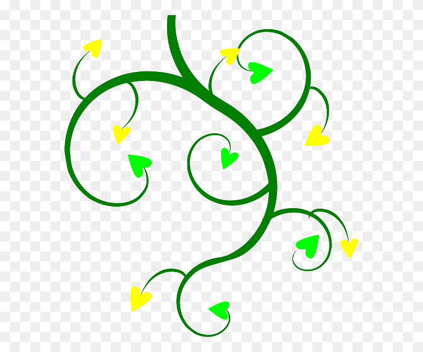 583x640 Hearts Branch Green Yellow Hearts Cartoon Hearts And Flowers, Graphics, Floral Design HD PNG Download