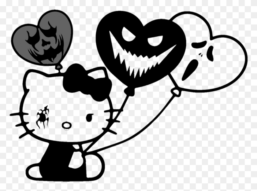 989x717 Hellokitty Kitty Creepy Cat Ballons Goth Emo, Heart, Stencil, Label HD PNG Download