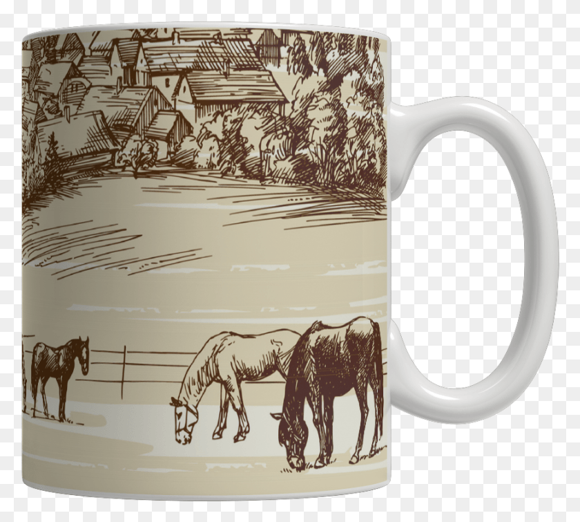 872x778 Лошади На Пастбище Винтажная Рисованная Кофейная Кружка, Кофейная Чашка, Чашка, Лошадь Png Скачать