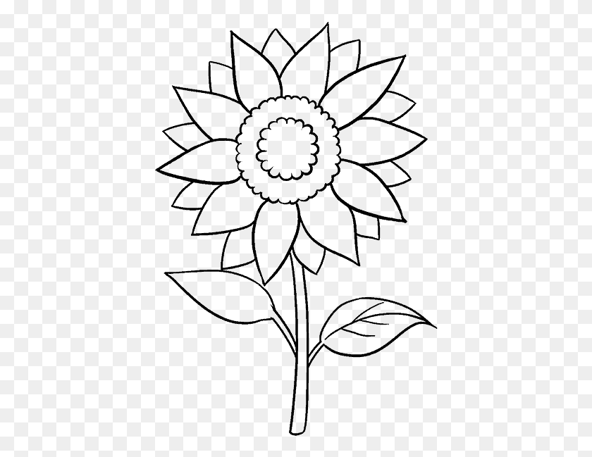 402x589 How To Draw A Sunflower Easy Step Step Drawing Guides Black And White Line Art Sunflower, Gray, World Of Warcraft HD PNG Download
