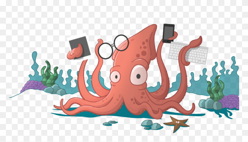1187x641 Illustrated Giant Squid Character Holding Mobile Devices Sails Js, Sea Life, Animal, Octopus HD PNG Download