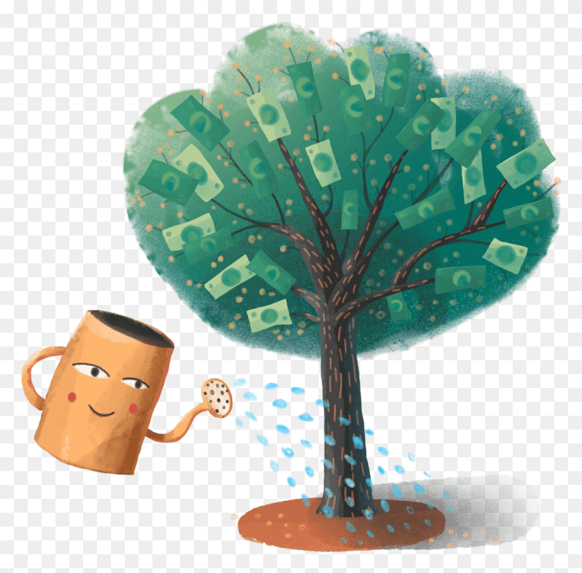 1032x1015 Иллюстрация Лейки, Поливающей Растущие Деньги, Растение, Лист, Дерево Hd Png Скачать