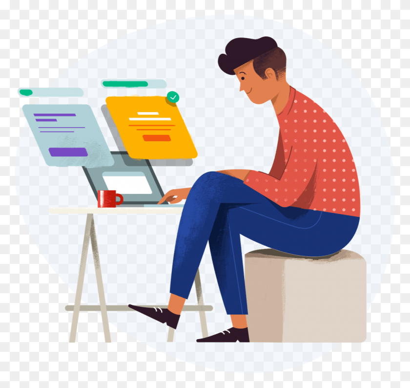 1102x1038 Illustration Of Marketer Reviewing A Split Test Sitting, Person, Human, Pants Descargar Hd Png