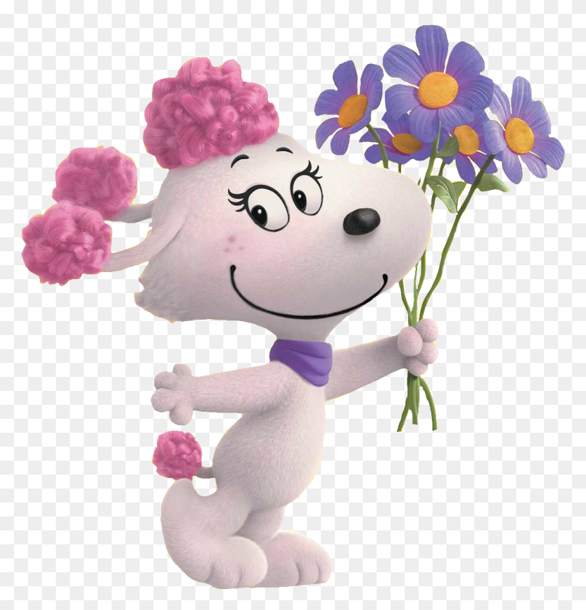 1009x1054 Image Fifi With Holding A Purple Flowers Fifi Peanuts Movie, Plant, Toy, Snowman HD PNG Download