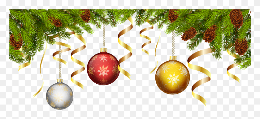 7061x2967 Image Free Library Balls With Pine Branch Decoration Christmas Pine And Balls HD PNG Download