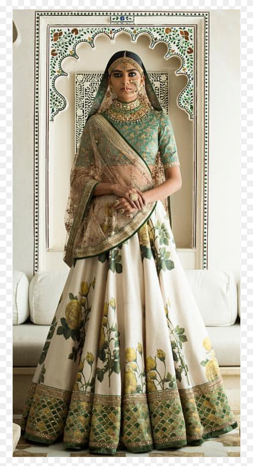 757x1489 Индийская Пакистанская Этническая Печатная Вышивка Свадебная Зеленая И Белая Лехенга, Одежда, Одежда, Сари Png Скачать