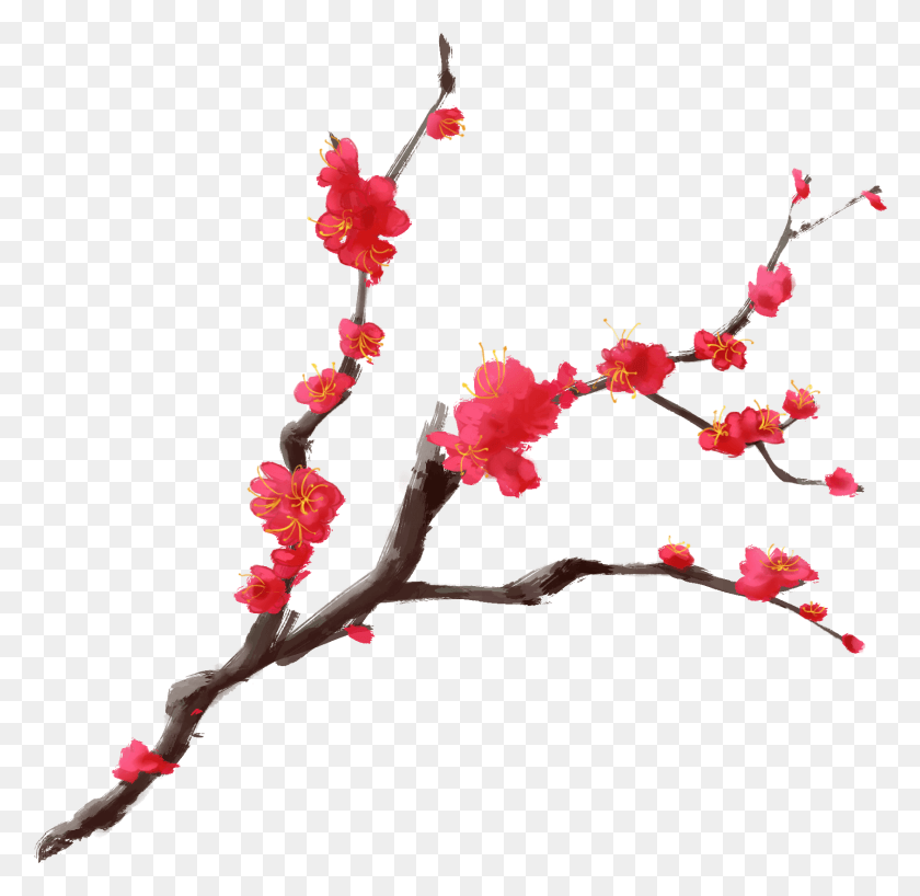1686x1639 Чернила Слива В Китайском Стиле Красные Расписанные Вручную Ветви Сакуры, Растение, Цветок, Цветение Hd Png Скачать