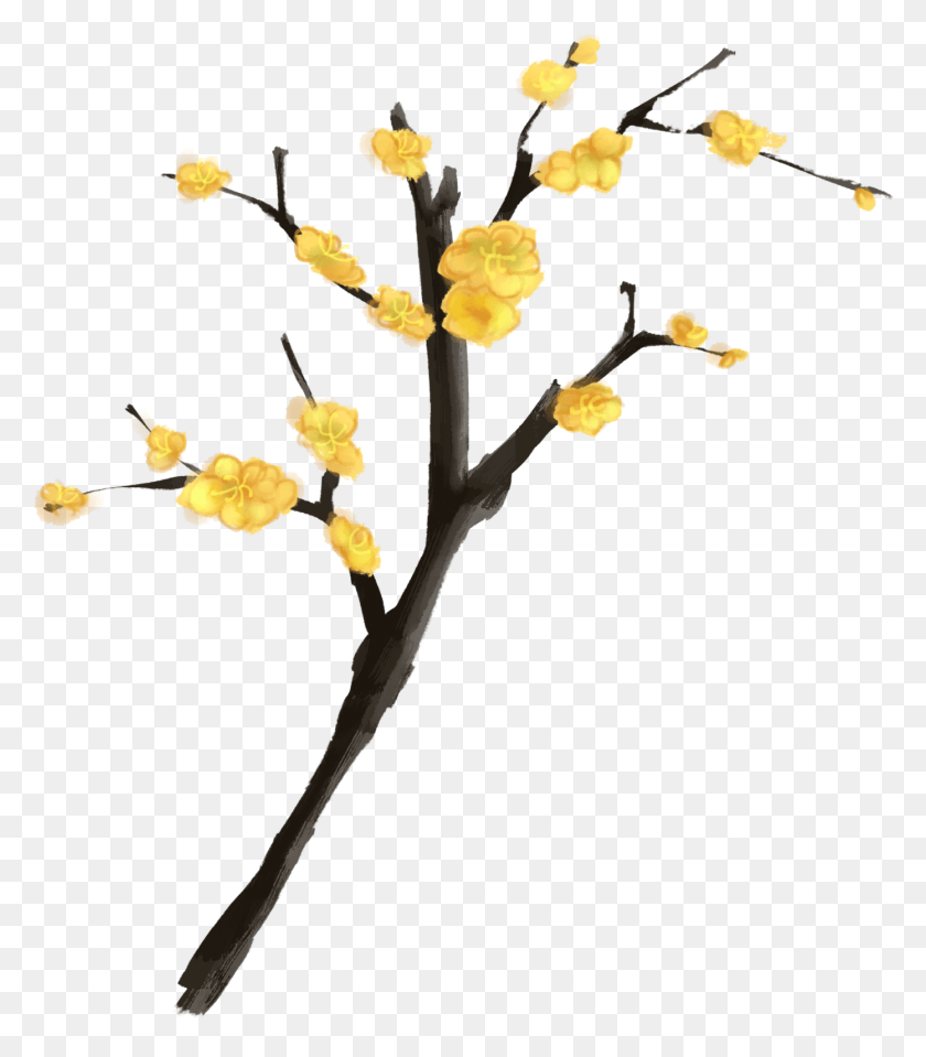 1392x1606 Ink Plum Winter Moon Hand Painted Yellow Branches Twig, Plant, Flower, Blossom HD PNG Download